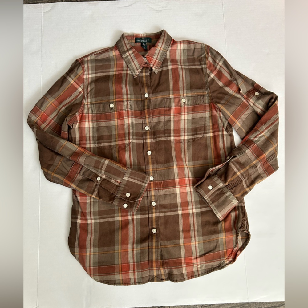 Lauren jeans Ralph Lauren Brown and Orange Plaid Shirt Women’s size M used - Picture 5 of 16